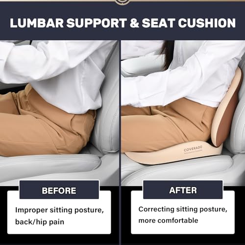Coverado Car Seat Cushion and Lumbar Support Pillow, Memory Foam Ergonomic Back Support Driving Seat Cushion for Sciatica, Tailbone, Back Pain, Non-Slip Washable Cushion for Car, Driver, Office