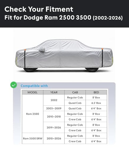 Wigoo Dodge Ram 2500 3500 Truck Car Cover Accessories, Custom Fit Waterproof All Weather Outdoor Pickup Cover, Windproof UV Rain Snow Dust Protection, Door Zipper, Reflective Strips, Breathable Design - size: for Dodge Ram 2500 3500