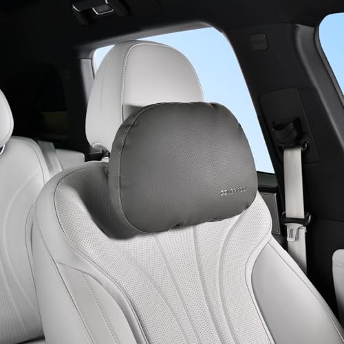 Coverado Leather Car Headrest Pillow Car Neck Pillow with Adjustable Strap, Head Support Rest Driver Relax Head Muscles Relieve Driving Fatigue, Breathable & Removable Cover, Gray - color: Gray, size: Neck Support