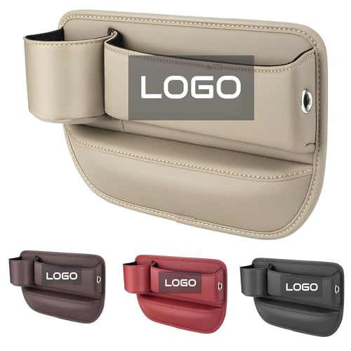 Car Leather Cup Holder Gap Bag, Custom Seat Gap Storage Box with Logo/Text, Adjustable Car Seat Storage Box, Leather Car Seat Gap Organizer, for Glasses Phones Keys and Cards(Driver Side, Beige) - color: Beige