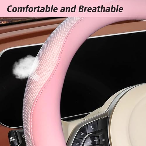 ZHOL Light Pink Steering Wheel Cover, Breathable Microfiber Leather Anti-Slip Cute Car Steering Wheel Cover for Women, Warm in Winter and Cool in Summer, 15 Inch - color: Round-Pink
