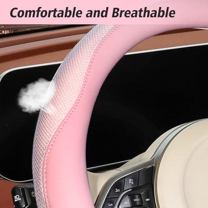 ZHOL Light Pink Steering Wheel Cover, Breathable Microfiber Leather Anti-Slip Cute Car Steering Wheel Cover for Women, Warm in Winter and Cool in Summer, 15 Inch - color: Round-Pink