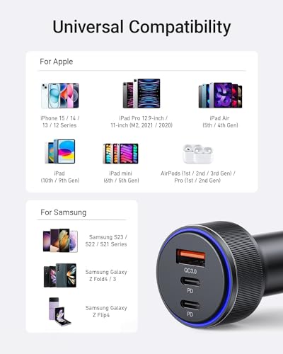 USB-C Car Charger, 3-Port 90W Fast Car Charger, Dual USB-C & USB-A Car Power Adapter, PD3.0 & QC3.0 Fast Charging for iPhone 17/16/15/14/13Pro Max, iPad, MacBook and More - size: 1
