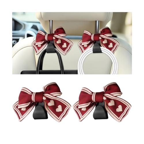 Cute Bow Car Seat Headrest Hooks, 2PCS Multifunctional Vehicle Rear Seat Hanging Hooks, Automotive Interior Seatback Storage Organizer for Purses Bags, Universal for SUV Sedan Truck (Red/White) - color: Red/White