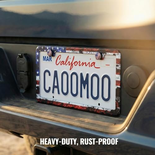 2 Pack License Plate Frames (USA American Flag Design) - Stainless Steel License Plate Frame with Screws Fasteners Caps (Rustic) - style: Rustic