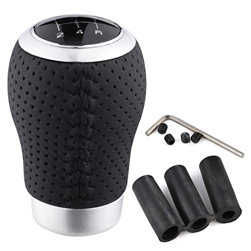 Arenbel 5 Speed Manual Gear Shifter Stick Handle Black Stitched Leather Shift Lever Knob Replacement Fit Most Trucks Cars - color: black with black stitching
