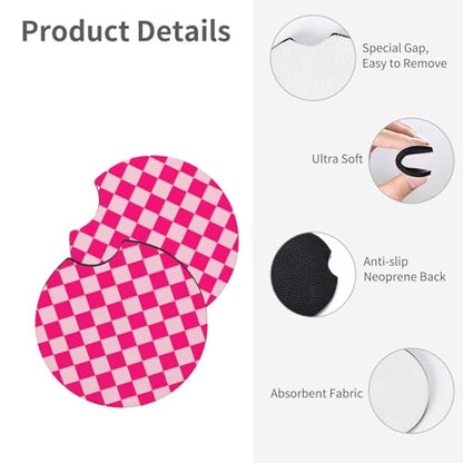 Chessboard Pink Steering Wheel Cover Pink Chessboard Steering Wheel Cover Racing Flag Breathable Universal for 15 Inch Anti-Slip Car with 2 Pieces Car Coasters Suitable for Men Women Chessboards - color: Chessboard pink