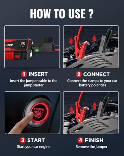 Jump Starter 4000A, VACASSO A9 Battery Jumper Starter Portable (7L Gas/4L Diesel), 12V Car Battery Booster Jump Starters Pack, Jumpstart with USB Ports, Jumper Cables, LED Light, Storage Case - color: Red