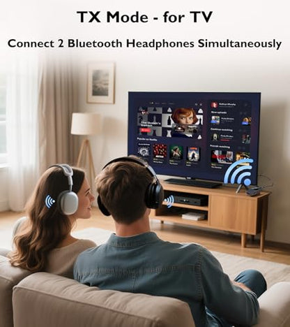 Bluetooth Transmitter for TV to 2 Headphones, Wireless Receiver for Car Handsfree Call, TSNAM Clip-On 3.5mm AUX Jack Audio Adapter with LED Display for Airplane,Stereo,Gym