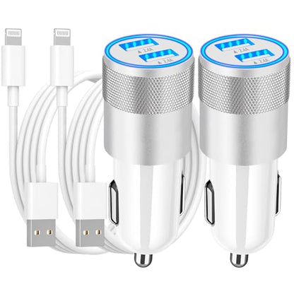 [Apple MFi Certified] iPhone Fast Car Charger, Braveridge 2Pack 4.8A Dual USB Car Power Cigarette Lighter USB Car Carplay Charger Adapter with Lightning Cable for iPhone 14 13 12 11 Pro XS XR X 8 iPad - color: Pearlescent Silver