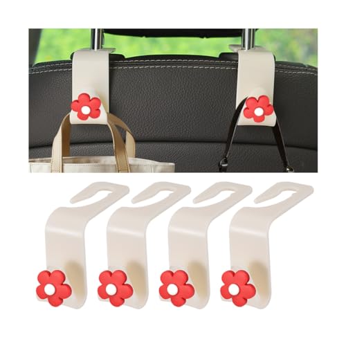 4 PCS Car Headrest Hook, Multifunctional Flower Vehicle Seat Back Storage Hook, Cute Automotive Seatback Organizer Hanger for Purse Grocery Bag Handbag, Universal Fit (Beige/Red) - color: Beige/Red