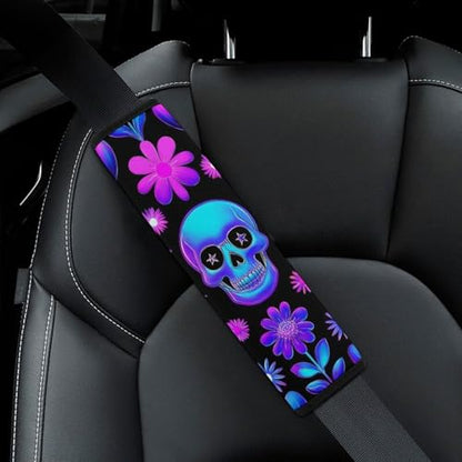 Men's Car Belt Covers 2PCS Fashion Cushion Pad Car Shoulder Strap Harness Pad Neon Purple Flowers Floral Skull - color: Color849