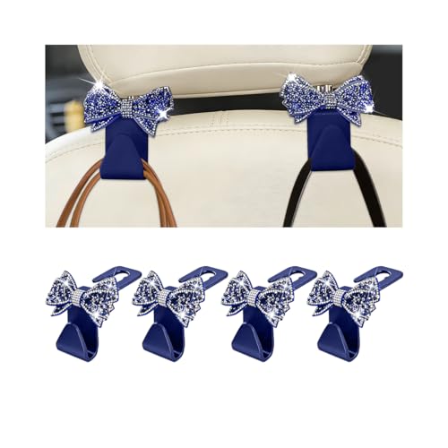 Zpana Bling Car Headreat Hook, 2PCS Crystal Rhinestone Cute Bow Vehicle Seat Back Hanger Storage for Purses Bags Grocery, Diamond Auto Rear Seat Organizer, Universal for SUV Truck Sedan (Blue) - style: Blue/4PCS