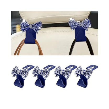 Zpana Bling Car Headreat Hook, 2PCS Crystal Rhinestone Cute Bow Vehicle Seat Back Hanger Storage for Purses Bags Grocery, Diamond Auto Rear Seat Organizer, Universal for SUV Truck Sedan (Blue) - style: Blue/4PCS