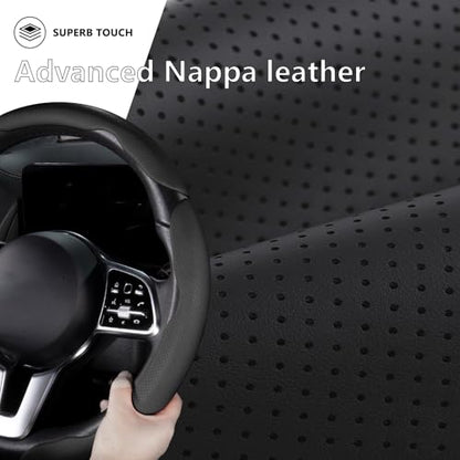 Car Steering Wheel Cover Leather Snap On 3Pcs Set Non-Slip Protector Wrap Steering Wheel Accessories 14.5-15 inch Universal Black - color: Black A