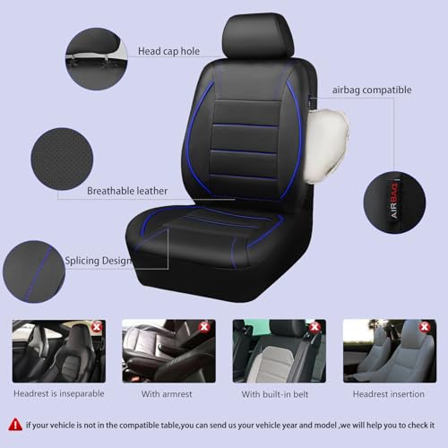 CAR PASS Universal FIT Piping Leather Car Seat Cover, for suvs,Van,Trucks,Airbag Compatible,Inside Zipper Design and Reserved Opening Holes (Full Set, Black and Blue) - color: Blue Black