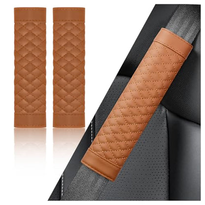 2PCS Car Seat Belt Cover Pad,Soft Leather Seatbelt Covers Breathable Seatbelt Cushion with Plaid Design,All Seasons Universal Car Interior Accessories Seat Belt Cover for Kids & Adults (Brown) - color: Brown