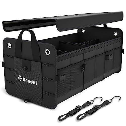 K KNODEL Car Trunk Organizer, Foldable Cover, Heavy Duty Collapsible Truck Storage Organizer, Car Cargo Trunk Organizer with Lid, 3 Compartments, with Straps (Black)