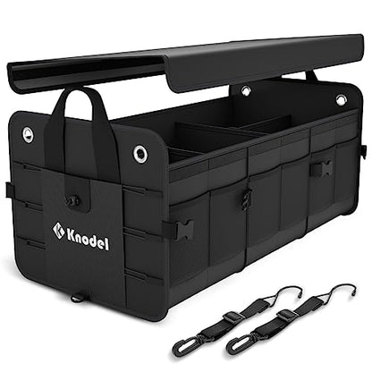 K KNODEL Car Trunk Organizer, Foldable Cover, Heavy Duty Collapsible Truck Storage Organizer, Car Cargo Trunk Organizer with Lid, 3 Compartments, with Straps (Black)