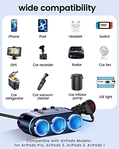YANTU QC3.0&PD 40W Cigarette Lighter Adapter, 3-Socket 140W Cigarette Lighter Splitter with 12v USB Outlet,Car Charger Adapter with Double/Dual/USB C Charger Multi Port/Plug Outlet for Car Devices - color: B39-120W-blue