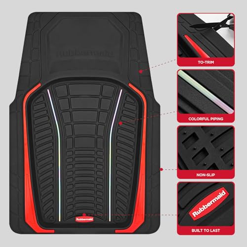 Rubbermaid Car Floor Mats Full Set – Premium All-Weather Car Mat with Brushed Aluminum Inserts, Universal Trim-to-Fit Design, Anti-Slip Backing for Cars, SUVs, Trucks, and Vans - color: Red