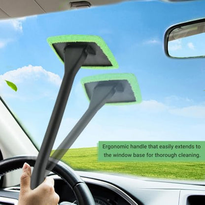 Windshield Cleaner Tool, Car Window Cleaner with Extendable Handle,5 Reusable Microfiber Pads,Windshield Cleaning Tool,Auto Glass Wiper for Car Detailing,Home Windows(Green)