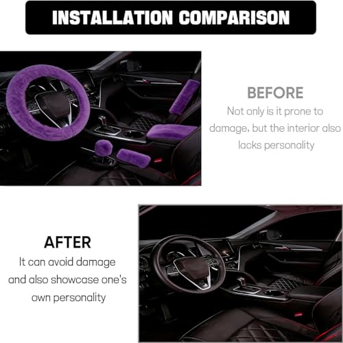 1 Set 6 Pcs Fluffy Car Steering Wheel Cover & Seat Belt Shoulder Pads & Handbrake Cover & Gear Shift Cover Set & Seat Belt Shoulder Pads Faux Wool Universal Fit Car Interior Accessories (Purple) - color: Purple