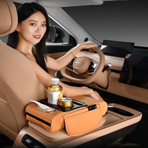 2026 Multifunctional PU Leather Car Armrest Box Mat,5-in-1 Center Console Cover with Cup Holder with 2 Storage Bags,Tissue Box Slot, Phone Slot,Universal Car Armrest Storage Bag (Yellow) - color: Yellow