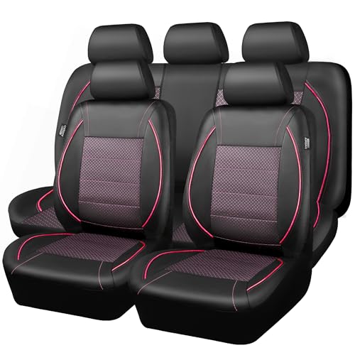 CAR PASS Piping PU Leather Car Seat Cover Full Set,Inside Zipper Design and Reserved Opening Holes，Airbag Compatible,Universal FIT for Car, SUVs,Van,Trucks（Full Set, Black & Pink） - color: Black and Pink