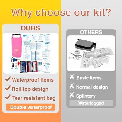 Boat First Aid Kit Waterproof, WELL-STRONG Marine Emergency Kit with Roll Top Dry Bag for Boating Fishing Kayaking – Water-Resistant Contents for Camping & Beach（Transparent Pink） - color: Ws011-transpink