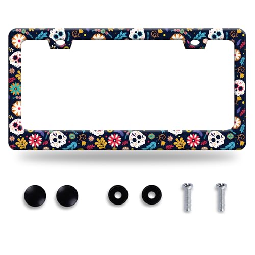 Sugar Skull Flowers License Plate Frame Cute Colorful License Plate Frames Stainless Steel Accessories Cars Decor with 2 Holes and Screws Fits Standard US CA Vehicles Size 12.2 x 6 Inches - color: Sugar skull