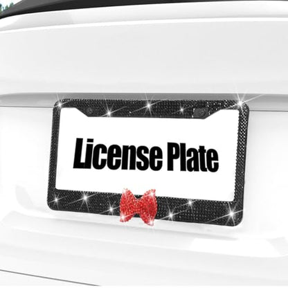 Bling Car License Plate Frame for Women, 2PCS Crystal Rhinestone Stainless Steel Vehicle Plate Holder, Glitter Diamond Sparkly Auto Plate Cover Accessories, Universal Fit (Black/Red Bow) - color: Black/Red Bow