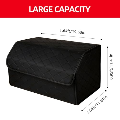 Leather Trunk Organizer for SUV & Sedans - Extra Large Foldable Car Storage Box with Lid, Adjustable Removable Dividers and Carry Handle, Collapsible Auto Cargo Organizer Black
