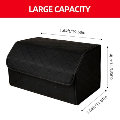 Leather Trunk Organizer for SUV & Sedans - Extra Large Foldable Car Storage Box with Lid, Adjustable Removable Dividers and Carry Handle, Collapsible Auto Cargo Organizer Black