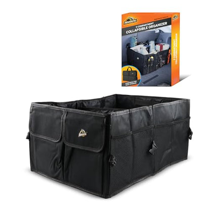 Armor All Trunk Organizer for SUV & Car, Extra-Large 9 Compartment Collapsable Lightweight Waterproof Car Organizer, 3 Compartments, 4 Mesh Pockets, 2 Pockets, 20.5” x 14.5” x 10”, Compression Buckles