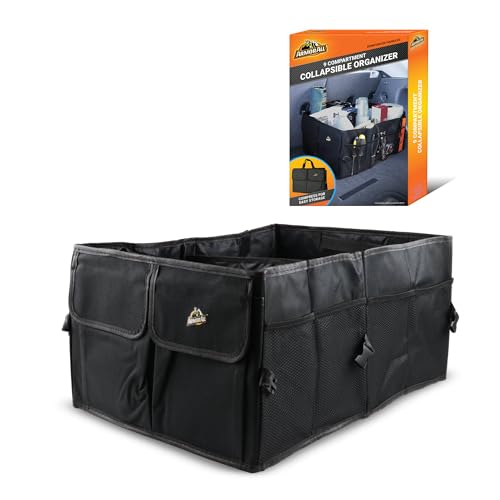Armor All Trunk Organizer for SUV & Car, Extra-Large 9 Compartment Collapsable Lightweight Waterproof Car Organizer, 3 Compartments, 4 Mesh Pockets, 2 Pockets, 20.5” x 14.5” x 10”, Compression Buckles