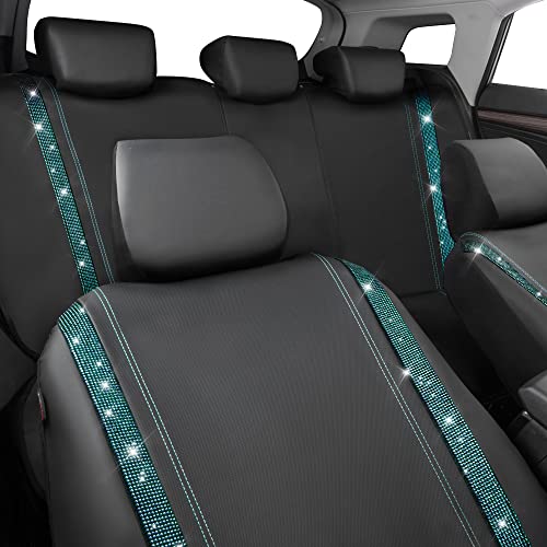 CAR PASS Bling Car Seat Covers Full Set, Shining Rhinestone Diamond Waterproof Faux Leather Universal Fit 95% Automotive Glitter Crystal Sparkle Strips for Cute Women Girl, Full Set (Mint Diamond) - color: Mint Diamond, size: Full Set