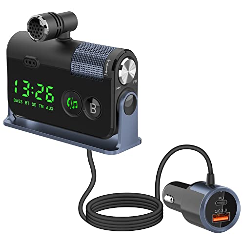 Fm Bluetooth Transmitter Car, 2 Microphones & QC3.0 +Type-C PD 18W HiFi Bass, Car Bluetooth Adapter Supports Hands-Free Calling, Siri Google Assistant, TF Card AUX Output, Blue - color: Blue