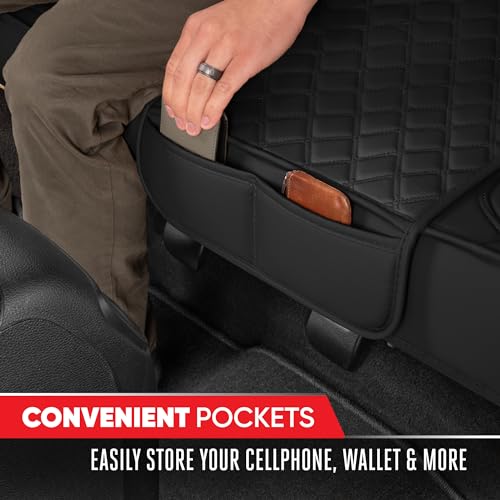 Motor Trend Rear Seat Cushion - Black Diamond Stitched Faux Leather Rear Seat Cover for Cars, Trucks, SUVs - Padded, Waterproof, Non-Slip Back Seat Cover with Storage Pockets - color: Black