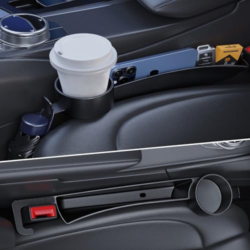 Car Seat Gap Plug with Storage Slot, Auto Gap Filler Organizer with Cup Holder, Universal Carseat Side Gap Filler Strip 2 Pack Between Front Seats & Console, Anti-Drop Pad with Seatbelt Holes, Black - color: Black, Cup Holder & Hook