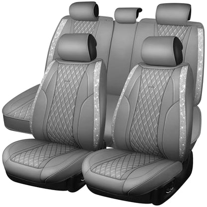 CAR PASS Gray Leather Bling Car Seat Covers Full Set, Luxury Microfiber Nappa PU Cushioned, Waterproof Anti-Slip Universal Fit for Auto SUV Sedan Sparkly Glitter Shining Rhinestone, Gray Diamond - color: Gray Diamond, size: Full Set
