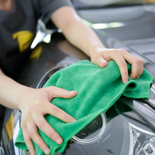CARCAREZ Premium Microfiber Detailing Towels, 340 GSM Lint Free Car Buffing Waxing Polishing Drying Towels (6, Green, 16x16 Inch) - color: Green