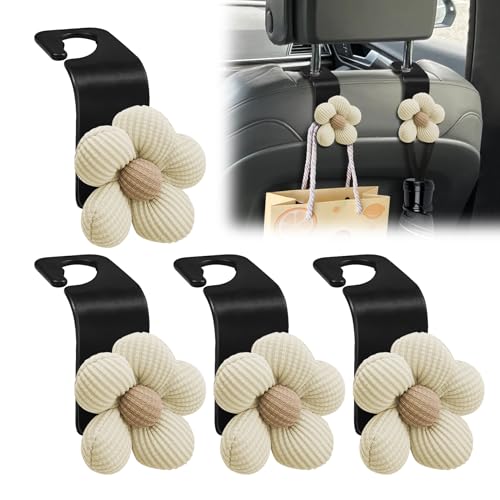 4PCS Car Seat Headrest Hook, Car Purse Hook, Cute Flower Auto Seat Back Organizer Bag Holder, Auto Accessories Portable Vehicle Purse Hanger Holder Decoration Fit for SUV Sedan Truck (Beige) - color: Beige