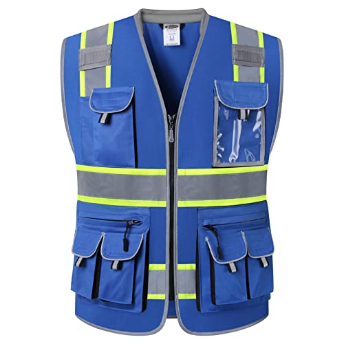 JKSafety 10 Pockets Hi-Vis Zipper Front Fluorescent Blue Safety Vest | Cushioned Collar | High Reflective Tapes with Extended Neon Yellow Strips | Meets ANSI/ISEA Standards (Medium, 89-Blue) - color: Bluet1s1, size: Medium