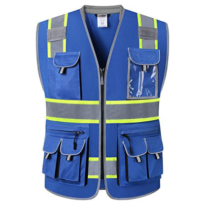 JKSafety 10 Pockets Hi-Vis Zipper Front Fluorescent Blue Safety Vest | Cushioned Collar | High Reflective Tapes with Extended Neon Yellow Strips | Meets ANSI/ISEA Standards (Medium, 89-Blue) - color: Bluet1s1, size: Medium