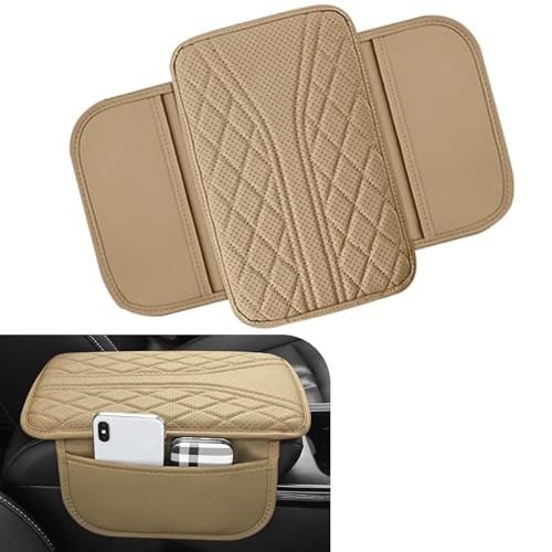 Car Center Console Cover, Leather Auto Armrest Cover with 2 Storage Bags, Universal Cars Armrest Cushion, Vehicle Interior Accessories Protector for Sedan, SUV, Truck((Beige) - color: Beige
