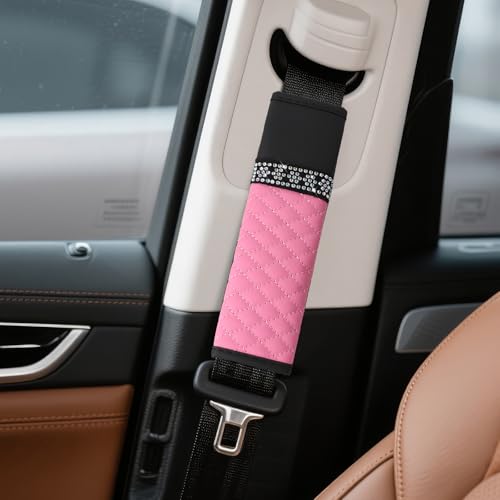 wuyaoyao 2PCS Bling Car Seat Belt Cover Pad, Breathable Leather Seatbelt Covers for Cars, Soft Comfortable Seatbelt Shoulder Strap Covers, Rhinestone Auto Seat Belt Protector Cushion (Pink) - color: Pink