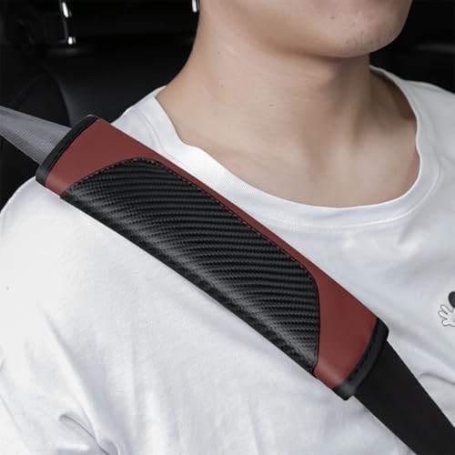 2PCS Carbon Fiber Car Seat Belt Cover, Leather Comfortable Soft Vehicle Seatbelt Pad for Shoulder & Neck, Automotive Interior Seat Strap Cushion Mat, Universal Fit (Black/Wine Red) - color: Black/Wine Red