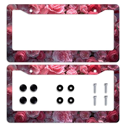 Pink Flowers License Plate Frame Natural Beautiful Floral Car Front License Plate Personalise License Plate Frames Rust-Proof Stainless Steel Metal Car Plates Tag Funny Decor Men Women 12.2" X 6.2" - color: Pink Flowers_25