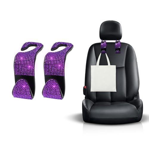 Ohleats 2 PCS Bling Car Seat Headrest Hooks, Crystal Rhinestone Back Seat Hanging Storage Organizer, Vehicle Seat Hanger Holder for Purse Handbag Coat, Interior Car Accessories (Purple) - color: 2 PCS Purple